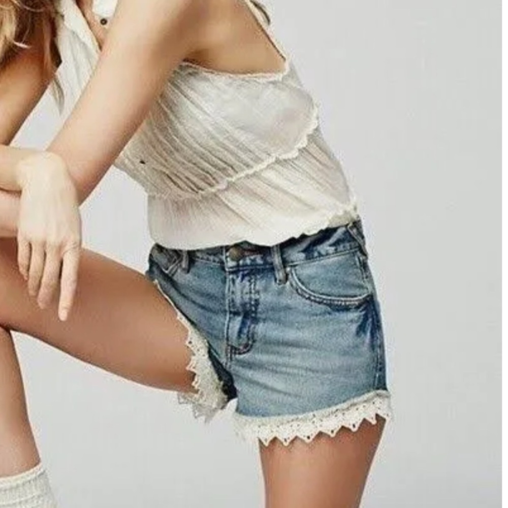 Free people White Lace Trim Denim Shorts